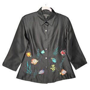 Silkland Womens 100% Silk Embroidered Lightweight Jacket Size 8 Fish Sea Ocean